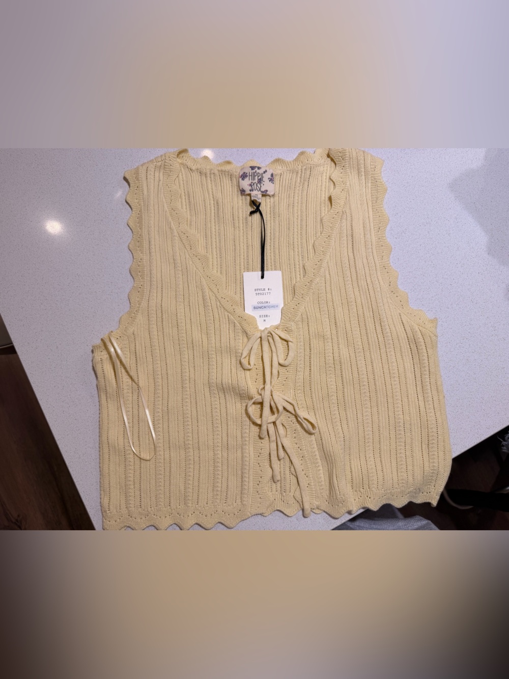 Hippie Rose Pale Yellow Ribbed Tie-Front V-Neck Sweater Vest